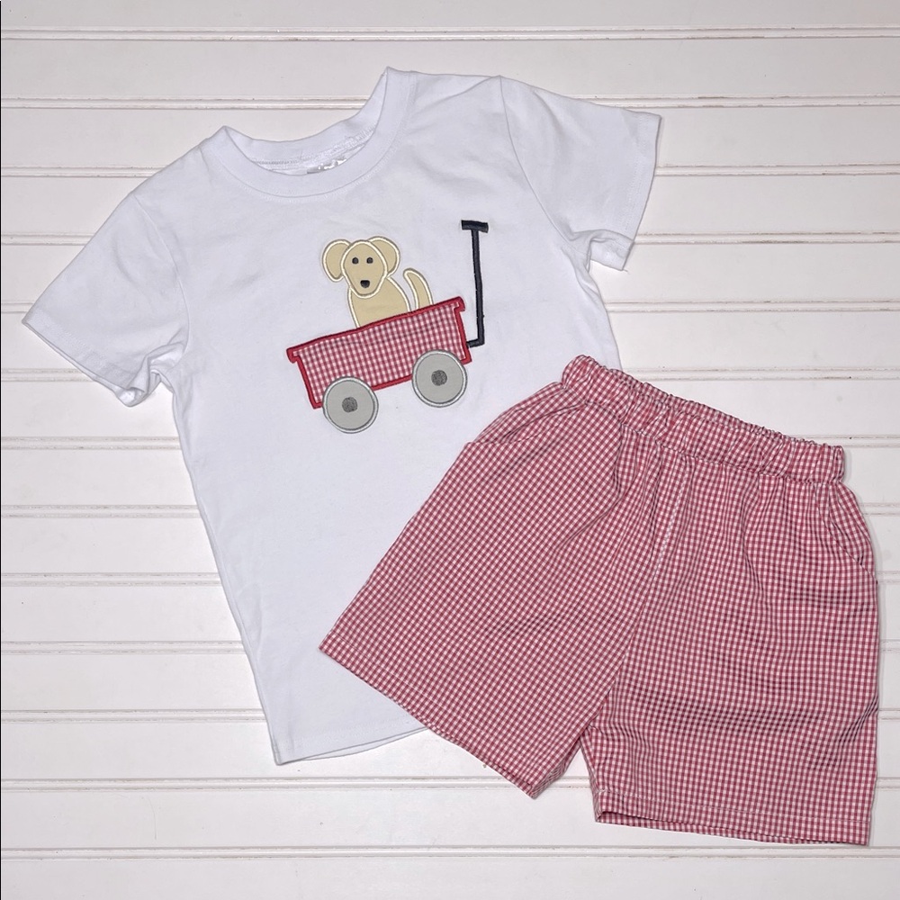 STITCHY FISH EUC Gingham Embroidered Appliqué Dog in Wagon Shirt Shorts Set
